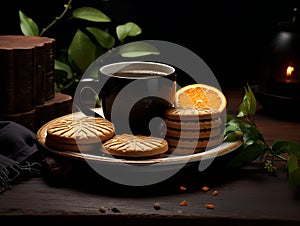 relaxing cup of evening tea with biscuits. copy space