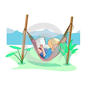 Relaxačné teší čítanie čítanie kniha zatiaľ čo ležiace v komfortné hamak v zelený záhrada. pokoj 