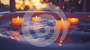 Relaxing evening bath with lit candles in a tranquil setting