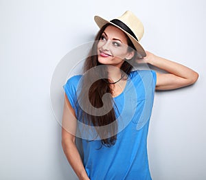 Relaxing fun smiling woman in hat thinking about summer holidays