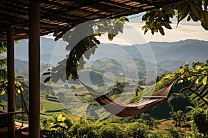 A relaxing hammock hangs from the side of a building, providing a unique and tranquil space to unwind, Tranquil afternoon in a