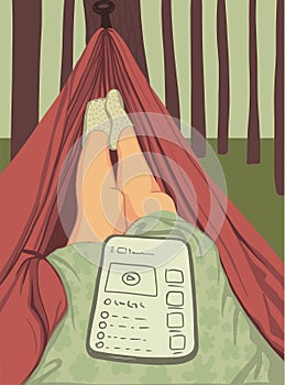 Relaxing in the hammock, nude womans feet close up, spring day on forest. Resting in hammock with tablet, watching movie. Flat