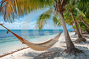 Relaxing Hammock Between Palm Trees on a Tropical Beach,Relaxing scene
