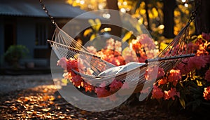 Relaxing on a hammock, swinging under autumn yellow tree generated by AI