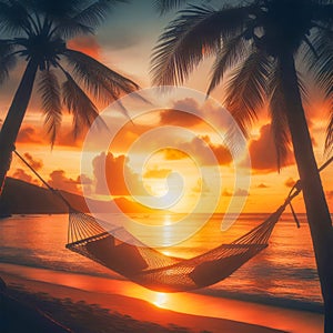 Relaxing in hammock on tropical beach at sunset.