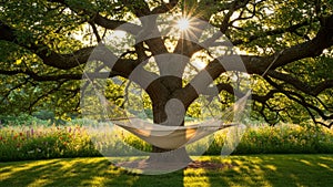 Relaxing Hammock Under a Sunlit Tree in a Colorful Garden