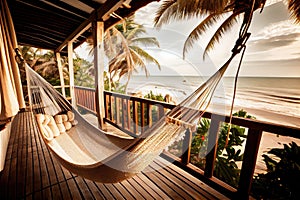 relaxing hammock on verandah of beachfront villa, with ocean waves in the background