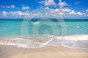 Relaxing Landscape view of beach, clear sea, blue sky. Beautiful tropical landscape with turquoise ocean. Horizon line on the photo