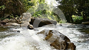 Relaxing landscape view of a waterfall, trees and rocks