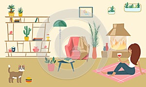 Relaxing living room with fireplace, modern design home lounge domestic cat play ball cartoon vector illustration
