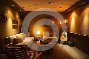 relaxing lounge with low lighting and soft music, perfect for unwinding after a long day