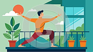 A relaxing and meditative tai chi routine suited for small balconies or patio areas.. Vector illustration.