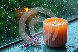 Relaxing moments aroma candles flame glows near a rain drenched window