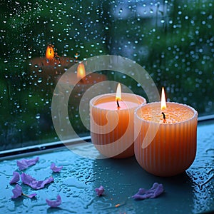 Relaxing moments aroma candles flame glows near a rain drenched window