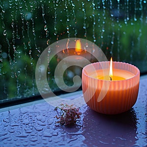 Relaxing moments aroma candles flame glows near a rain drenched window