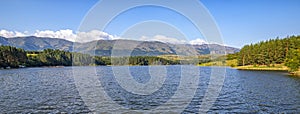 relaxing mountain landscape at the lake with calm water, forest and beauty sky