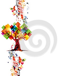 Relaxing music concept with tree and musical notes isolated vector illustration. Calming colorful musical design, nature inspired