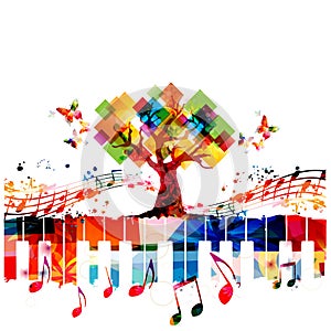 Relaxing music concept with tree and musical notes isolated vector illustration. Calming colorful musical design, nature inspired