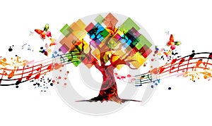 Relaxing music concept with tree and musical notes isolated vector illustration. Calming colorful musical design, nature inspired