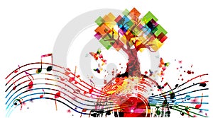 Relaxing music concept with tree and musical notes isolated vector illustration. Calming colorful musical design, nature inspired