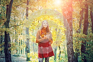 Relaxing in nature. Natural beauty. Autumnal melancholy. Pretty woman stand nature forest background. Fall fashion