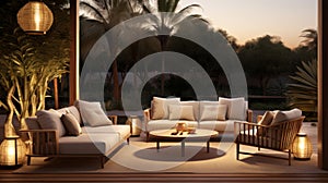 Relaxing outdoor seating near pool in serene backyard, perfect for unwinding and leisure