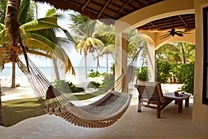 relaxing patio with hammock and view of the garden, pool or beach