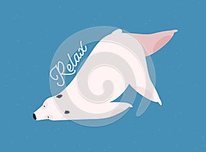 Relaxing polar bear flat vector illustration. Relaxation and recreation concept. Cute mammal in yoga pose, resting white