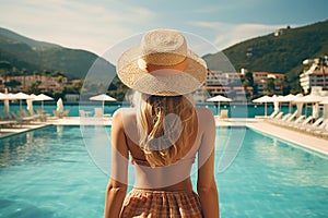 Relaxing by the Pool: Female Vacationer Enjoys Sunny Day