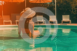 Relaxing by the Pool: Female Vacationer Enjoys Sunny Day