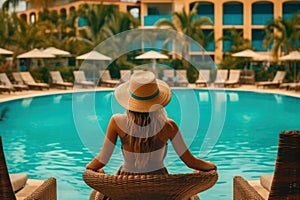 Relaxing by the Pool: Female Vacationer Enjoys Sunny Day photo