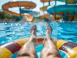 Relaxing in a Pool with Water Slides in the Background