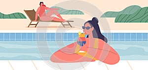 Relaxing Poolside, Woman Character Sips On Her Cocktail, Enjoying The Refreshing Drink While Soaking Up The Sun