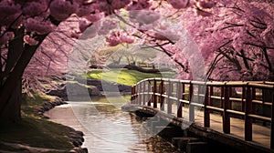 A relaxing and refreshing view of a tranquil cherry blossom garden with a pond and a bridge