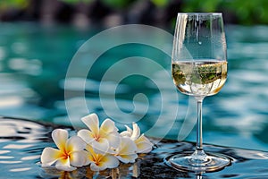 Relaxing retreat white wine, frangipani, poolside serenity Summer getaway