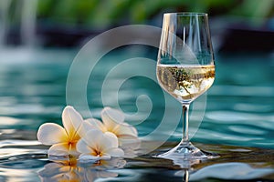 Relaxing retreat white wine, frangipani, poolside serenity Summer getaway