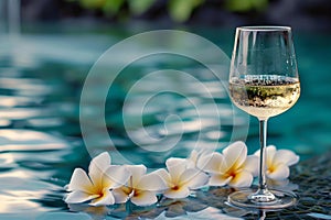 Relaxing retreat white wine, frangipani, poolside serenity Summer getaway