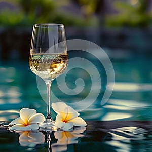 Relaxing retreat white wine, frangipani, poolside serenity Summer getaway