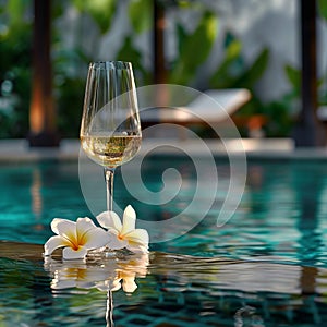 Relaxing retreat white wine, frangipani, poolside serenity Summer getaway