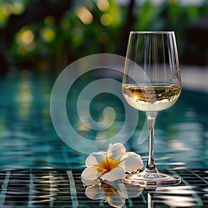 Relaxing retreat white wine, frangipani, poolside serenity Summer getaway