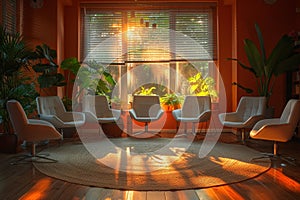 relaxing room with chairs arranged in a circle, soothing pastel walls, ideal setting for a group therapy session photo