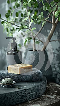 Relaxing spa bathroom scene with toiletries, soap, and towel displayed on a serene white background