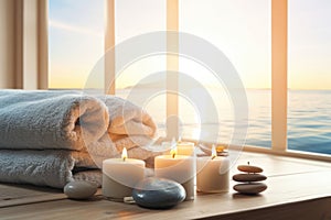 Relaxing spa concept with sea stones, candle, towel on wooden table for ultimate relaxation