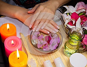 Relaxing spa for hands. Natural cosmetics, creams, oils and scrubs.