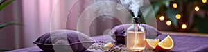 Relaxing spa scene with aromatherapy bottle, lavender, and citrus