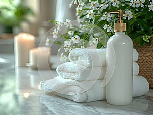 Relaxing spa setting with a white bottle, fluffy towels, candles, and flowers on a marble countertop. Copy space