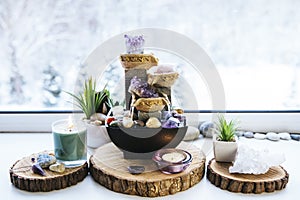 Relaxing spiritual Feng Shui altar set with nature, water and fire element. photo