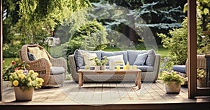 A relaxing spot for a warm, summer day - a stylish, wooden terrace with wicker garden furniture, cushions, plants and flowers