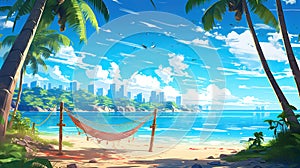 a relaxing stress less paradise place on earth at a tropical beach with a hammock, manga anime artwork