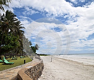 Relaxing on summer vacation at indian ocean, coconutpalm trees, white sand on the beach